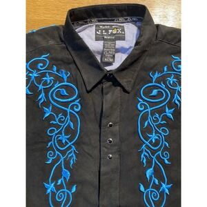 VTG Rodeo Cowboy Shirt XLT Black Blue Embroidered Pearl Snap Western‎ Rockabilly